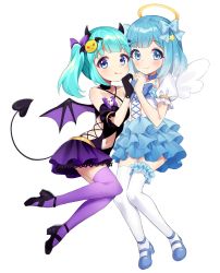 Rule 34 | 2girls, :q, angel, angel wings, bad id, bad pixiv id, bare shoulders, black gloves, black shirt, blue bow, blue eyes, blue hair, blue skirt, bow, chobi (penguin paradise), closed mouth, clothing cutout, collarbone, commentary request, copyright request, criss-cross halter, demon girl, demon horns, demon tail, demon wings, gloves, hair bow, hair ornament, halo, halterneck, heart, heart hands, heart hands duo, highres, horns, layered skirt, mini wings, multiple girls, navel, navel cutout, official art, pleated skirt, puffy short sleeves, puffy sleeves, purple bow, purple skirt, purple wings, shirt, short sleeves, skirt, smile, star (symbol), star hair ornament, tail, tongue, tongue out, twintails, virtual youtuber, white background, white shirt, white wings, wings