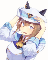 Rule 34 | 1girl, animal ear headwear, animal ears, ascot, blue cape, blue eyes, breasts, brown hair, cape, cheval grand (umamusume), commentary request, fake animal ears, gloves, hands on headwear, hat, highres, horse girl, long sleeves, looking to the side, medium breasts, midriff peek, multicolored hair, open mouth, parted bangs, peaked cap, shirt, sidelocks, simple background, single glove, solo, streaked hair, umamusume, upper body, white background, white gloves, white hair, white hat, white shirt, yellow ascot, zarame0830