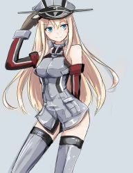 Rule 34 | 10s, 1girl, arms behind back, bad id, bad pixiv id, bismarck (kancolle), blonde hair, blue eyes, blush, bottomless, cowboy shot, elbow gloves, gloves, grey thighhighs, hand on headwear, hat, kantai collection, long hair, military, military uniform, peaked cap, silver background, simple background, solo, thighhighs, tokoi, very long hair