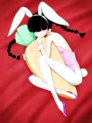 Rule 34 | 1girl, animal ears, ashcape, bands, bare shoulders, black hair, braid, carrot, character request, covered eyes, fake animal ears, highres, houkago play, hug, leotard, long hair, pantyhose, playboy bunny, rabbit ears, rabbit tail, solo, tail, twin braids, white pantyhose, wrist cuffs