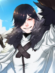 Rule 34 | 1boy, black hair, blue sky, cape, day, fur trim, hair over one eye, hand up, highres, itto (m2f slide), long sleeves, male focus, oscar the frozen sea admiral, outdoors, over shoulder, pixiv fantasia, pixiv fantasia last saga, red eyes, sky, smile, solo, standing, sword, upper body, weapon