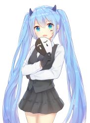 Rule 34 | 1girl, aqua eyes, babouo, bad id, bad pixiv id, black gloves, blue hair, cowboy shot, gloves, hatsune miku, horns, long hair, looking at viewer, mask, simple background, skirt, solo, twintails, very long hair, vocaloid, white background