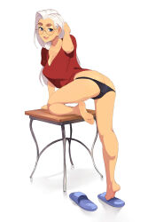 Rule 34 | 1girl, ass, barefoot, butt crack, feet, glasses, highres, june (squeezable), long hair, looking at viewer, open mouth, original, panties, shirt, slippers, soles, squeezable (squeezabledraws), t-shirt, thick eyebrows, toes, underwear, white hair