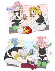 Rule 34 | 1girl, 2boys, ^ ^, armlet, athletic leotard, blonde hair, blush, braid, breasts, bridal gauntlets, clapping, clenched hands, closed eyes, colored tips, comic, cup 198x177, english text, facial mark, flame print, flexible, forked eyebrows, green hair, green nails, green thighhighs, gymnastics, half updo, headband, heart, imagining, kanroji mitsuri, kimetsu no yaiba, kneeling, korean commentary, leaning forward, leg warmers, leg wrap, leotard, long hair, looking at another, looking away, medium breasts, mole, mole under eye, multicolored hair, multicolored nails, multiple boys, nail polish, no shoes, on floor, open mouth, outstretched arms, own hands together, pink hair, ponytail, profile, red hair, red nails, rengoku kyoujurou, running bond, sash, sitting, sparkle, stirrup legwear, streaked hair, stretching, thighhighs, toeless legwear, twin braids, twintails, uzui tengen, white hair