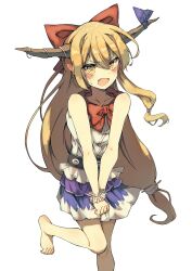 Rule 34 | 1girl, :d, absurdres, barefoot, belt, black belt, blonde hair, blush, bow, bowtie, brown horns, commentary request, ear blush, fang, flat chest, foot out of frame, frilled shirt, frills, hair between eyes, hair bow, highres, horn bow, horn ornament, horn ribbon, horns, ibuki suika, leg up, long hair, looking at viewer, low-tied long hair, medium bangs, open mouth, own hands together, pointy ears, purple ribbon, purple skirt, red bow, red bowtie, ribbon, seika okawari, shirt, sidelocks, simple background, skirt, sleeveless, sleeveless shirt, smile, solo, touhou, v-shaped eyebrows, very long hair, white background, white shirt, wrist cuffs, yellow eyes
