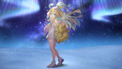 Rule 34 | 1girl, amakawa hano, aqua hair, aurora, bettle (b s a n), blonde hair, blue eyes, bow, dress, full body, hair between eyes, hair bow, holding, holding stuffed toy, jacket, long hair, multicolored hair, night, night sky, official art, outdoors, re:act, shoes, sky, sleeveless, sleeveless dress, sneakers, snow, solo, standing, stuffed animal, stuffed toy, thigh strap, two-tone hair, virtual youtuber, white bow, white dress, yellow jacket