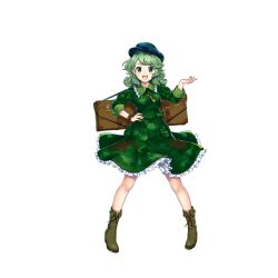 Rule 34 | 1girl, aqua hat, boots, box, brown footwear, flat cap, frilled skirt, frills, full body, game cg, green eyes, green hair, green shirt, green skirt, hand on own hip, hat, highres, key, long sleeves, looking at viewer, medium hair, open mouth, pocket, rotte (1109), shirt, simple background, skirt, smile, solo, third-party source, touhou, touhou lostword, white background, yamashiro takane