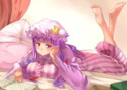 Rule 34 | 1girl, barefoot, bed, blanket, blush, book, breast press, breasts, breasts squeezed together, crescent, crescent moon, curtains, feet up, female focus, gradient background, hair ornament, hair ribbon, hand on own cheek, hand on own face, hat, highres, kanzen bouon, large breasts, legs up, long hair, lying, moon, nightgown, on stomach, open book, patchouli knowledge, pillow, pink eyes, purple hair, reading, ribbon, soles, solo, striped, the pose, toes, touhou