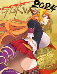 Rule 34 | 1girl, 2024, ahoge, ass, blonde hair, breasts, chinese zodiac, closed mouth, commentary, commentary request, dragon girl, dragon horns, dragon tail, dress, hand on own hip, haruyama kazunori, highres, hololive, horns, kiryu coco, kiryu coco (1st costume), large breasts, leaning forward, long hair, orange hair, pointy ears, red eyes, smile, solo, standing, tail, thighhighs, virtual youtuber, year of the dragon