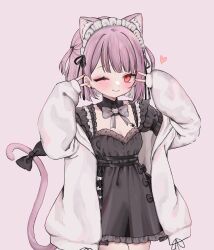 Rule 34 | 1 (z tsubou), 1girl, ;), absurdres, animal ear fluff, animal ears, black dress, breasts, cat ears, cat girl, cat tail, double v, dress, extra ears, highres, hood, hood down, hoodie, indie virtual youtuber, mikeneko (vtuber), mikeneko (vtuber) (4th costume), one eye closed, open clothes, open hoodie, pink hair, red eyes, short dress, short hair, short sleeves, small breasts, smile, solo, tail, two side up, v, virtual youtuber, white hoodie