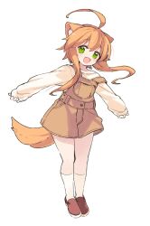 Rule 34 | 1girl, :d, ahoge, animal ear fluff, animal ears, bare shoulders, brown overalls, commentary request, dog ears, dog girl, dog tail, fang, full body, green eyes, highres, huge ahoge, kneehighs, legs together, long sleeves, looking at viewer, mikan (wanko), mota, open mouth, orange hair, outstretched arms, overall shorts, overalls, pocket, shirt, shoes, short hair with long locks, sidelocks, simple background, single bare shoulder, skin fang, sleeves past wrists, smile, socks, solo, standing, strap slip, tail, wanko to kurasou, white background, white shirt, white socks