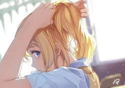 Rule 34 | 10s, 1girl, adjusting hair, ayase eli, backlighting, blonde hair, blue eyes, blurry, caidychen, classroom, depth of field, indoors, light particles, looking at viewer, looking back, love live!, love live! school idol project, nape, ponytail, profile, school, school uniform, short sleeves, signature, sketch, solo, upper body