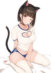 Rule 34 | 1girl, absurdres, animal ears, arm support, black choker, black hair, blunt bangs, blush, bob cut, bralines, breasts, brown eyes, buruma, cat ears, cat tail, choker, cleavage, cleavage cutout, closed mouth, clothing cutout, commentary request, fake animal ears, gym uniform, heart, heart cutout, highres, looking at viewer, medium breasts, naughty face, navel, one eye closed, original, paw print, paw print socks, paw print soles, print thighhighs, shirt, short hair, sitting, skindentation, solo, tail, thighhighs, tongue, tongue out, uiri-na, wariza, white shirt, white thighhighs, wink