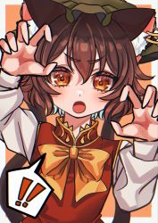 Rule 34 | !, !!, 1girl, :o, animal ear fluff, animal ears, blush, border, bow, bowtie, brown eyes, brown hair, cat ears, cat tail, chen, chromatic aberration, claw pose, commentary request, dress, dutch angle, earrings, gao, gold trim, green hat, hair between eyes, hands up, hat, highres, ishiki nuru, jewelry, long sleeves, mob cap, multiple tails, nekomata, one-hour drawing challenge, open mouth, orange background, orange bow, orange bowtie, puffy sleeves, red dress, short hair, simple background, solo, spoken exclamation mark, tail, touhou, two tails, upper body, v-shaped eyebrows, white border