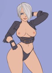 Rule 34 | 1girl, absurdres, angel (kof), blue eyes, breasts, gloves, hair over one eye, highres, kalruna, open clothes, snk, the king of fighters, white hair