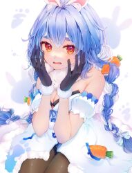 Rule 34 | 1girl, animal ears, armpit crease, black bra, black gloves, blue bow, blue hair, blush, bow, bra, braid, breasts, brown pantyhose, carrot hair ornament, commentary request, crossed bangs, detached sleeves, don-chan (usada pekora), dress, embarrassed, eyelashes, feet out of frame, food-themed hair ornament, fur trim, gloves, hair bow, hair ornament, hands up, haruzawa 1121, highres, hololive, looking at viewer, medium breasts, open mouth, pantyhose, rabbit ears, rabbit girl, short eyebrows, sitting, solo, symbol-shaped pupils, thick eyebrows, twin braids, underwear, usada pekora, usada pekora (1st costume), virtual youtuber, white background, white dress, white hair