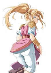 Rule 34 | 1girl, ass, automatic giraffe, blonde hair, blue eyes, breasts, circlet, clothes lift, come hither, dress, dress lift, from behind, highres, kneeling, long hair, looking at viewer, looking back, medium breasts, naughty face, nintendo, pants, pointy ears, ponytail, princess zelda, sideboob, smile, solo, super smash bros., the legend of zelda, the legend of zelda: a link between worlds, the legend of zelda: a link to the past