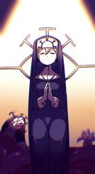 Rule 34 | 1girl, blonde hair, chromatic aberration, cross, cross necklace, crown, double (skullgirls), dual persona, closed eyes, habit, highres, jewelry, kanibugyoh, monster girl, necklace, nun, orange background, own hands together, praying, red eyes, skullgirls, solo, wide hips