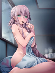 Rule 34 | 10s, 1girl, bed, bed sheet, blush, braid, breasts, candy, chocolate, chocolate heart, coffee, coffee mug, covering privates, covering breasts, cup, finger to mouth, food, glint, green eyes, heart, highres, indoors, jewelry, kantai collection, long hair, looking at viewer, mug, naked sheet, pillow, pink hair, ponytail, ring, single braid, sitting, solo, steam, tsukineko, very long hair, wedding band, window, yes, yes-no pillow, yura (kancolle)