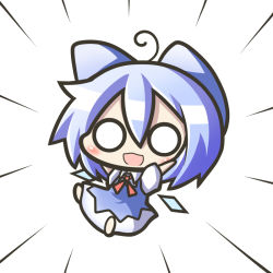 Rule 34 | 1girl, ahoge, aoblue, blue hair, chibi, cirno, embodiment of scarlet devil, emphasis lines, female focus, full body, hair between eyes, o o, solo, touhou, white background