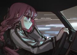 Rule 34 | 1girl, bandaid, bandaid on face, bandaid on nose, black bow, black jacket, blush, bocchi the rock!, bow, braid, car interior, commentary, dot mouth, driving, english commentary, expressionless, from side, hair bow, highres, hiroi kikuri, jacket, long hair, long sleeves, multicolored clothes, multicolored jacket, myjet, profile, purple eyes, purple hair, single braid, solo, steering wheel, twitter username, two-tone jacket, upper body, white jacket