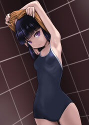 Rule 34 | 1girl, armpits, arms up, black hair, black one-piece swimsuit, blunt bangs, breasts, commentary request, competition school swimsuit, cowboy shot, highres, looking at viewer, one-piece swimsuit, original, purple eyes, rohitsuka, school swimsuit, short hair, skeleton, small breasts, solo, swimsuit, tile wall, tiles, undressing
