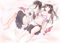 Rule 34 | 2girls, :o, ahoge, arm up, barefoot, bed sheet, black eyes, black hair, black skirt, blouse, blue scrunchie, blush, bow, bow bra, bow panties, bra, breasts, closed mouth, clothes pull, unworn clothes, commentary request, frilled bra, frilled panties, frills, from above, hair ornament, hair scrunchie, highres, holding neckwear, kamakama (kdmorh kamakama), lace, lace-trimmed bra, lace-trimmed panties, lace trim, legs, light blush, light frown, long hair, looking at another, looking at viewer, looking back, lying, miniskirt, multiple girls, navel, neckerchief, on back, on bed, on side, open clothes, open skirt, original, panties, partial commentary, pillow, pleated skirt, ponytail, purple bra, purple panties, red neckerchief, school uniform, scrunchie, serafuku, shirt, shirt pull, skirt, skirt pull, small breasts, underwear, white bra, white panties, white shirt, yuri