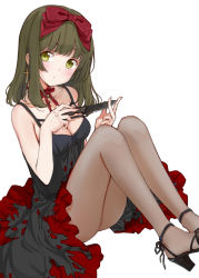 Rule 34 | 1girl, bad id, bad pixiv id, black dress, black footwear, blunt bangs, blush, breasts, choker, cleavage, closed mouth, collarbone, commentary request, copyright request, cross, cross earrings, dress, earrings, green eyes, green hair, hair ribbon, head tilt, high heels, holding, holding knife, holding weapon, jewelry, knife, legs up, long hair, maigoyaki, medium breasts, pantyhose, parted lips, red choker, red ribbon, ribbon, simple background, sitting, sleeveless, sleeveless dress, solo, weapon, white background