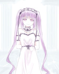 Rule 34 | 1girl, choker, fate/grand order, fate/hollow ataraxia, fate (series), headband, looking at viewer, pillar, purple eyes, purple hair, simple background, slit pupils, smile, stheno (fate), very long hair