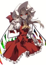 1girl absurdres ascot bad_id bad_pixiv_id blonde_hair commentary crystal flandre_scarlet frilled_skirt frills hair_between_eyes hat hat_ribbon highres long_hair looking_at_viewer mob_cap puffy_short_sleeves puffy_sleeves red_eyes red_ribbon red_skirt red_vest ribbon short_sleeves skirt skirt_set smile solo togeppoi touhou vest white_hat wings wrist_cuffs yellow_ascot