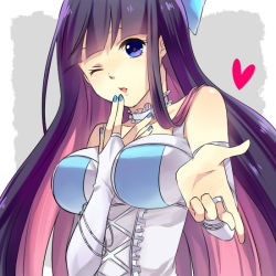 Rule 34 | 10s, 1girl, bad id, bad pixiv id, between breasts, blue eyes, bracelet, breasts, bridal gauntlets, choker, colored inner hair, finger to mouth, frills, heart, jewelry, large breasts, long hair, multicolored hair, one eye closed, panty &amp; stocking with garterbelt, solo, stocking (psg), two-tone hair, upper body, washi (micino)