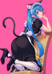 Rule 34 | 1girl, alternate costume, animal ear fluff, animal ears, apron, black dress, black footwear, blue hair, cat ears, cat girl, cat tail, closed mouth, commentary, dress, enmaided, frilled dress, frills, from behind, high heels, highres, kneeling, leaning forward, long hair, looking at viewer, looking back, low-tied long hair, maid, maid apron, maid headdress, medium dress, on chair, pantyhose, pink background, precure, red eyes, short sleeves, simple background, solo, star twinkle precure, sugarbeat, tail, very long hair, white apron, white pantyhose, wooden chair, yuni (precure)