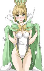 Rule 34 | 1girl, artoria pendragon (all), artoria pendragon (fate), artoria pendragon (swimsuit archer) (third ascension) (fate), blonde hair, blush, breasts, cape, cleavage, colored eyelashes, crown, elf (stroll in the woods), fate/stay night, fate (series), fur-trimmed cape, fur trim, gluteal fold, green eyes, groin, highres, legs, medium breasts, one-piece swimsuit, saber (fate), solo, sweatdrop, swimsuit, thigh gap, thighs, translation request, white background