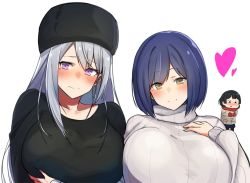 Rule 34 | 3girls, alternate breast size, bad id, bad twitter id, black shirt, blouse, blue hair, blush, bob cut, breasts, brown hair, commentary request, cropped torso, earrings, grabbing, grabbing another&#039;s breast, hand on own chest, heart, higuchi kaede, higuchi kaede (6th costume), hoop earrings, jewelry, large breasts, long hair, long sleeves, looking at viewer, mole, mole under eye, multiple girls, nijisanji, nuezou, parted bangs, purple eyes, red scarf, ribbed sweater, scarf, shirt, shizuka rin, short hair, side-by-side, silver hair, simple background, smile, sweater, tsukino mito, tsukino mito (6th costume), turtleneck, turtleneck sweater, upper body, virtual youtuber, white background, white sweater