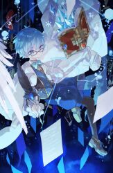Rule 34 | 1boy, blue bow, blue bowtie, blue eyes, blue hair, book, bow, bowtie, bubble, coat, crystal, fate/extra, fate/extra ccc, fate/grand order, fate (series), feathers, floating, glasses, hans christian andersen (fate), highres, holding, holding quill, looking at viewer, male focus, mizumizu (phoenix), paper, quill, revision, shorts, solo, vest, white coat