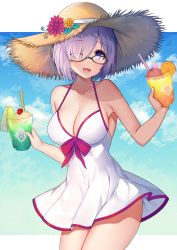Rule 34 | 1girl, :d, aozora nan, bare arms, bare shoulders, black-framed eyewear, blue sky, breasts, brown hat, cherry, cleavage, cloud, collarbone, commentary request, cowboy shot, cup, day, dress, drinking glass, drinking straw, fate/grand order, fate (series), flower, food, fruit, glasses, hair over one eye, halter dress, halterneck, hat, hat flower, highres, holding, holding cup, large breasts, looking at viewer, mash kyrielight, mash kyrielight (swimsuit of perpetual summer), nail polish, official alternate costume, open mouth, purple eyes, purple hair, red flower, short hair, sky, sleeveless, sleeveless dress, smile, solo, standing, straw hat, thighs, tropical drink, white dress