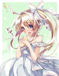 Rule 34 | 1girl, ^^^, ahoge, bare shoulders, blonde hair, blue eyes, border, bottle, bow, bright pupils, character request, commentary request, cowboy shot, dress bow, frilled sleeves, frills, green background, green eyes, hair bow, heterochromia, holding, holding bottle, jewelry, long hair, looking at object, magia break, milk, necklace, outline, outside border, short sleeves, side ponytail, sidelocks, simple background, single hair intake, solo, squirting liquid, suggestive fluid, usamata, white border, white bow, white outline, white sleeves