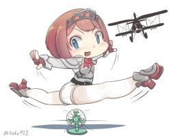 Rule 34 | 1girl, aircraft, airplane, ark royal (kancolle), biplane, blue eyes, blunt bangs, bob cut, brown gloves, commentary request, electric fan, fairey swordfish, fingerless gloves, full body, gloves, hairband, inverted bob, kantai collection, long sleeves, one-hour drawing challenge, outstretched arms, pantyhose, red hair, red ribbon, ribbon, rudder footwear, sakusan (ss-awesome), short hair, shorts, simple background, solo, split, tiara, twitter username, white background, white pantyhose, white shorts