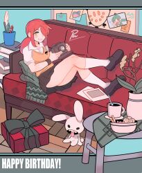 Rule 34 | 1girl, aged down, birthday, book, book stack, bowl, box, camera, coffee cup, couch, cup, disposable cup, full body, gift, gift box, grin, highres, knees up, long hair, looking at viewer, parasoul (skullgirls), pen, plant, pleated skirt, potted plant, pow3776, red hair, sagan (skullgirls), school uniform, shoes, skirt, skullgirls, smile, socks, solo, stuffed animal, stuffed rabbit, stuffed toy, table, yellow eyes