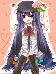 Rule 34 | 1girl, blue hair, boots, female focus, hand to hat, hands on headwear, hinanawi tenshi, long hair, red eyes, solo, touhou