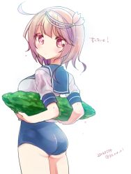 Rule 34 | 10s, 1girl, ass, bitter melon, breasts, hair ornament, i-58 (kancolle), kantai collection, koruri, looking at viewer, medium breasts, one-piece swimsuit, pink eyes, pink hair, school swimsuit, school uniform, serafuku, short hair, solo, swimsuit
