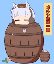 Rule 34 | 1girl, animal ears, blue background, blush stickers, bow, brown hat, chibi, closed eyes, ear bow, ear covers, gintama, gold ship (umamusume), gomashio (goma feet), grey hair, hat, horse ears, justaway, mini hat, pop-up pirate, purple bow, simple background, solo, translation request, umamusume