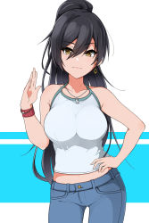 Rule 34 | 1girl, bare arms, bare shoulders, blue background, breasts, brown eyes, commentary request, denim, earrings, hair between eyes, haseneko, high ponytail, highres, idolmaster, idolmaster shiny colors, jeans, jewelry, large breasts, long hair, looking at viewer, midriff, necklace, pants, ponytail, shirase sakuya, shirt, simple background, smile, solo, very long hair, white background, white shirt