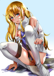 Rule 34 | 10s, 1girl, blonde hair, blonde pubic hair, blue background, blue eyes, blush, boots, breasts, closed mouth, commentary request, female pubic hair, ginjuuji, goblin slayer!, gradient background, highres, long hair, looking at viewer, medium breasts, nipples, no headwear, priestess (goblin slayer!), pubic hair, sitting, smile, solo, thigh boots, thighhighs, white background, white footwear, white thighhighs