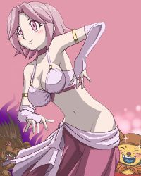Rule 34 | 00s, 1girl, awa, blue dragon, blush, breasts, cleavage, colored skin, dancer, fang, groin, innkeeper&#039;s shadow (blue dragon), jaggy lines, large breasts, lowres, marumaro, midriff, oekaki, pink eyes, pink hair, solo, yellow skin