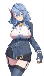 Rule 34 | 1girl, absurdres, ako (blue archive), bell, black gloves, black skirt, blue archive, blue coat, blue eyes, blue hair, blue hairband, blue thighhighs, blush, breasts, coat, cowbell, cowboy shot, cup, drinking glass, garter straps, gloves, hair between eyes, hairband, half gloves, highres, holding, holding cup, large breasts, long hair, long sleeves, miniskirt, neck bell, shot glass, sideboob, simple background, skirt, smile, solo, standing, thighhighs, white background, whitek