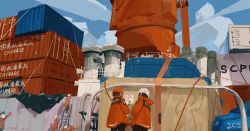 Rule 34 | 2girls, ambiguous gender, black pants, blue sky, boat, brown hair, chinese text, cloud, coat, container ship, dated, day, english text, facing away, from behind, hard hat, helmet, highres, hood, hood down, jacket, ladder, long sleeves, multiple girls, multiple others, orange coat, orange headwear, orange jacket, original, outdoors, pants, railing, ship, shipping container, short hair, signature, sky, smokestack, watercraft, white headwear, wide shot, writing, xilmo
