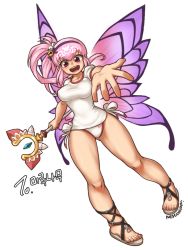 Rule 34 | 1girl, aisha landar, bell, breasts, butterfly wings, elsword, hair bell, hair ornament, hairband, insect wings, large breasts, multicolored wings, nestkeeper, outstretched hand, panties, pigeon-toed, pink hair, purple eyes, sandals, shirt, side-tie panties, side ponytail, solo, t-shirt, toes, underwear, wand, white background, white panties, wings