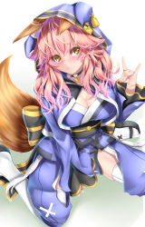 Rule 34 | 1girl, absurdres, animal ear fluff, animal ears, animal hood, blue kimono, blush, breasts, choker, cleavage, cloak, closed mouth, fate/extra, fate/grand order, fate (series), fox ears, fox girl, fox shadow puppet, fox tail, hair between eyes, highres, hood, hood up, hooded cloak, japanese clothes, kamehito, kimono, large breasts, long hair, long sleeves, looking at viewer, obi, official alternate costume, pink hair, sash, simple background, sitting, smile, tail, tamamo (fate), tamamo no mae (fate/extra), tamamo no mae (the faithful dog who waits) (fate), thighhighs, wariza, white thighhighs, wide sleeves, yellow eyes