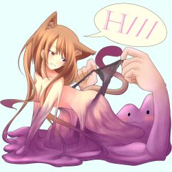 Rule 34 | 1girl, :3, amatlas, animal ears, black panties, blue background, blush, breasts, brown hair, creatures (company), ditto, dual persona, english text, game freak, gen 1 pokemon, heterochromia, highres, long hair, medium breasts, monster girl, nintendo, nude, panties, panty lift, pokemon, pokemon (creature), pokemon move, pulling, purple eyes, red eyes, sidelocks, simple background, slime (substance), slime girl, smile, solo, speech bubble, tail, text focus, transformation, transformed ditto, underwear, undressing